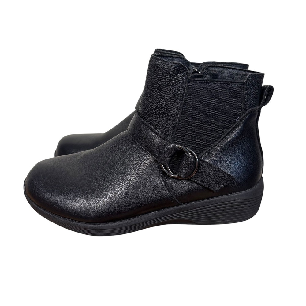 Skechers Womens‎ Black Leather Ankle Boots Sz 6.5 Side Zip Buckle Wedge Booties